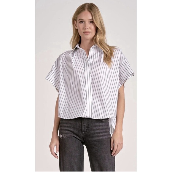 Elan Tops - Elan Striped Crop Button Down Blouse Women's Size Medium Office Minimalist White